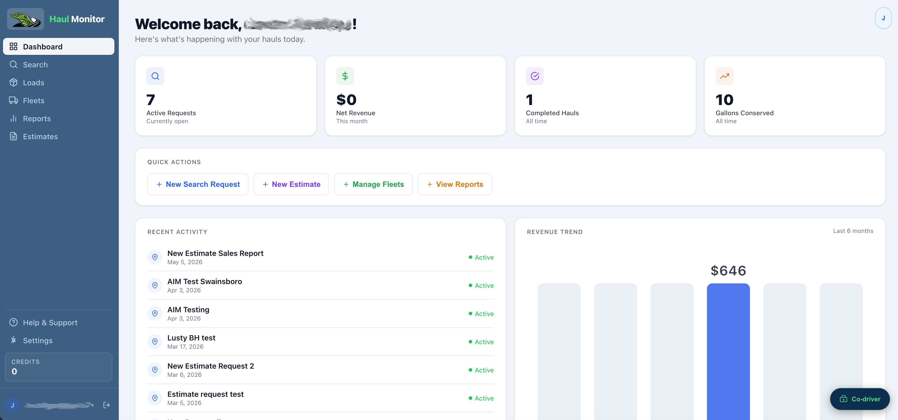 Haul Monitor dashboard after first login