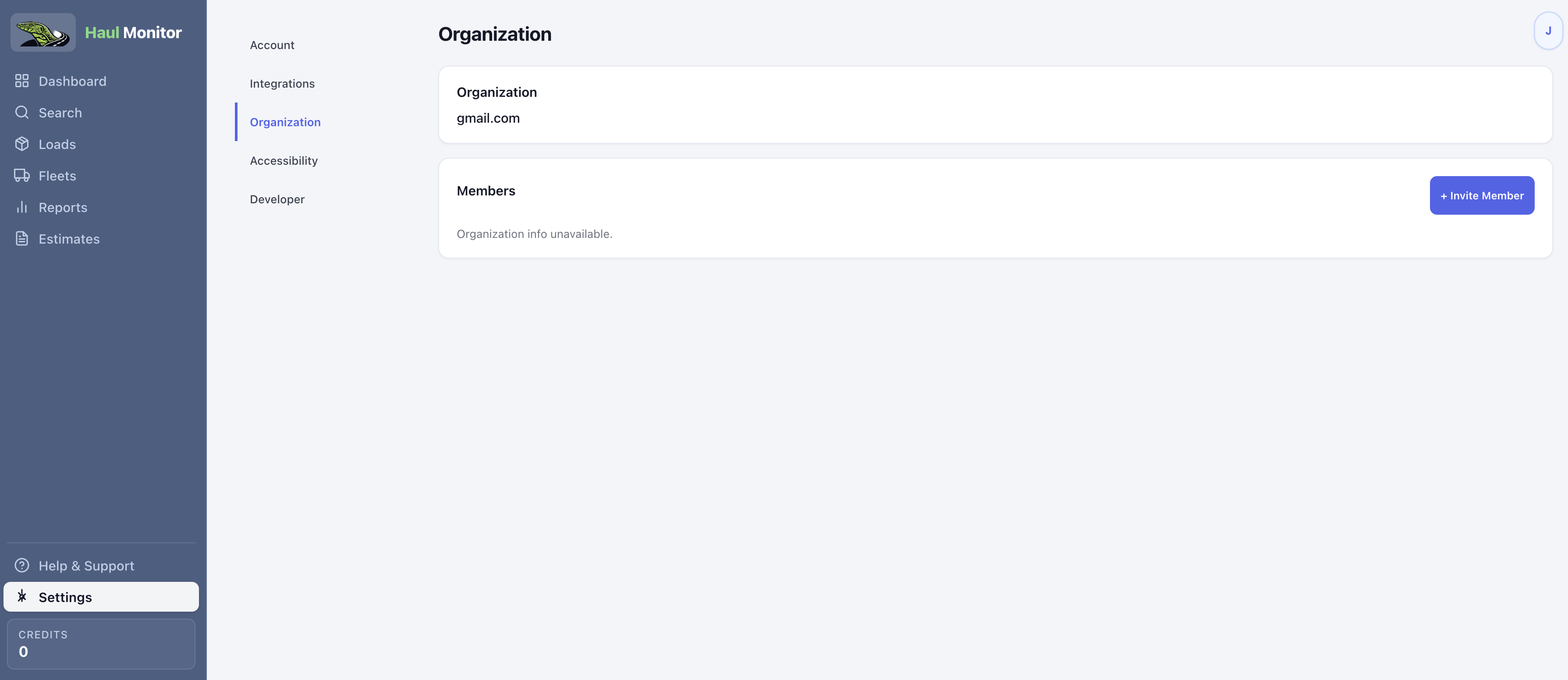 Settings — Organization panel showing org name, members list, and Invite Member button