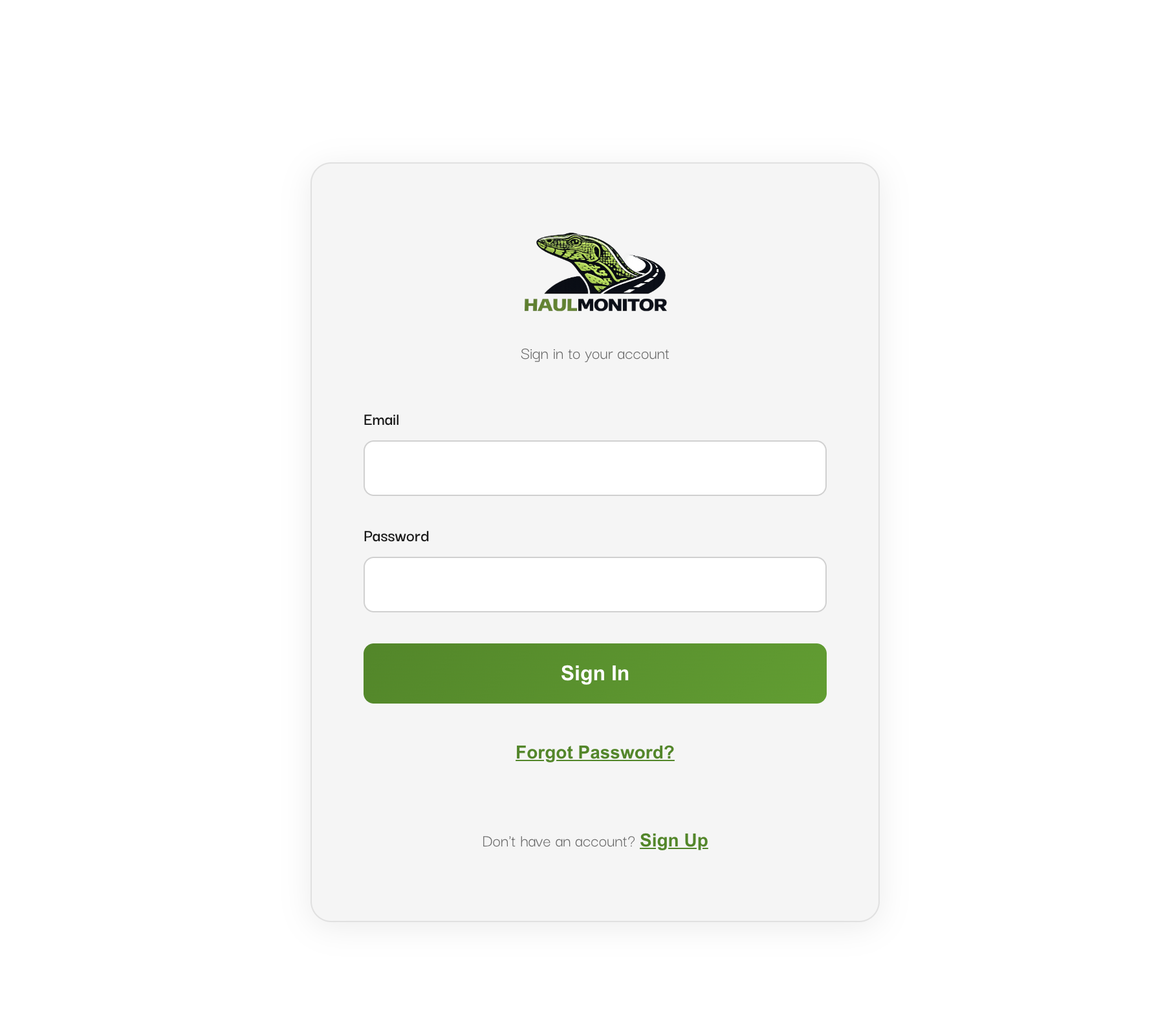 Haul Monitor login screen with Sign Up link