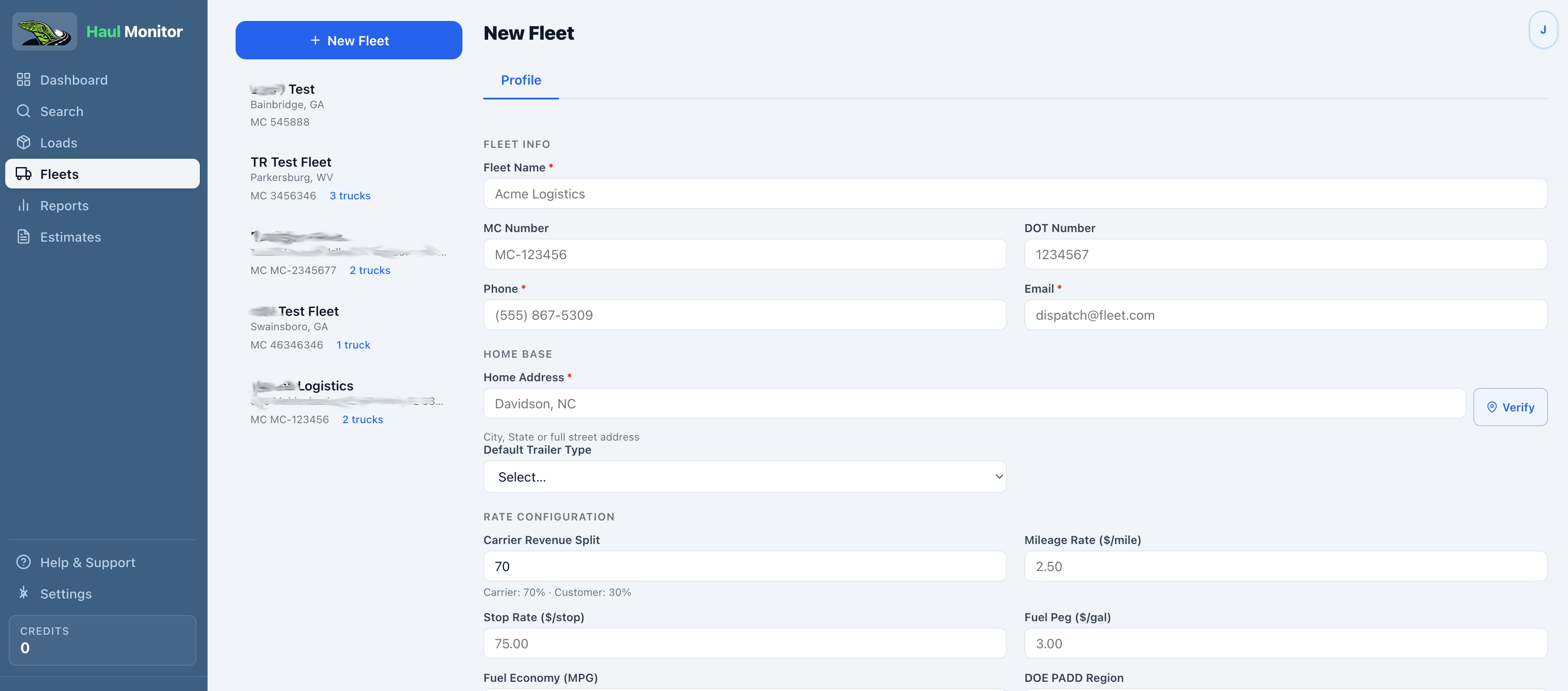 Fleets page showing existing fleets and Add Fleet button