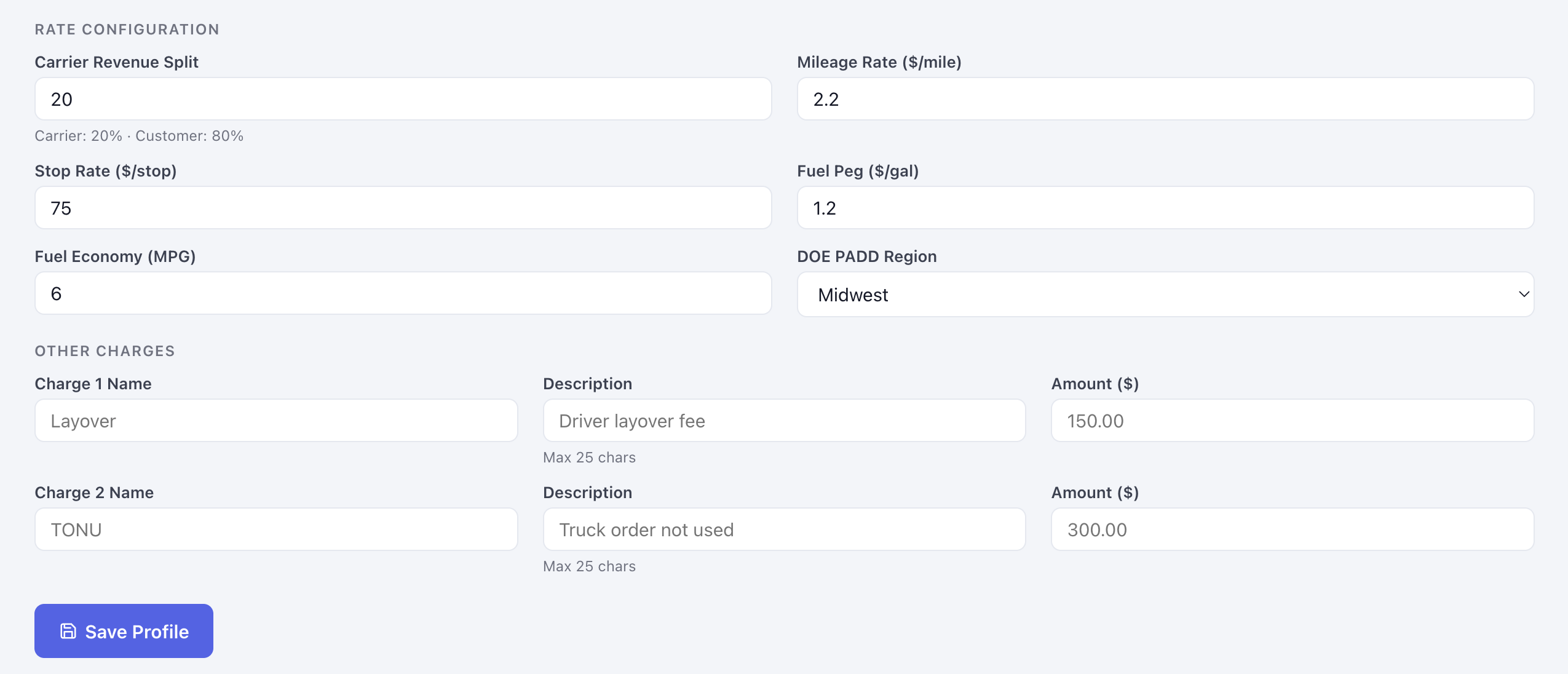 Rate Configuration showing Revenue Split, Mileage & Stop Rates, and Other Charges