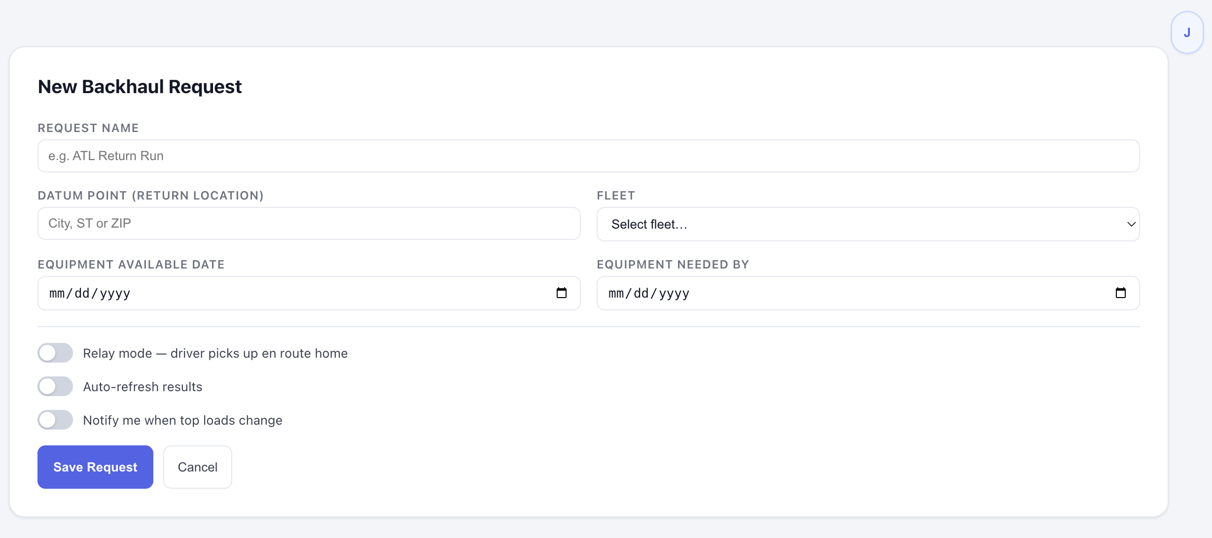 Backhaul request form showing all fields with Relay mode, Auto-refresh results, and Notify me toggles, and Save Request button