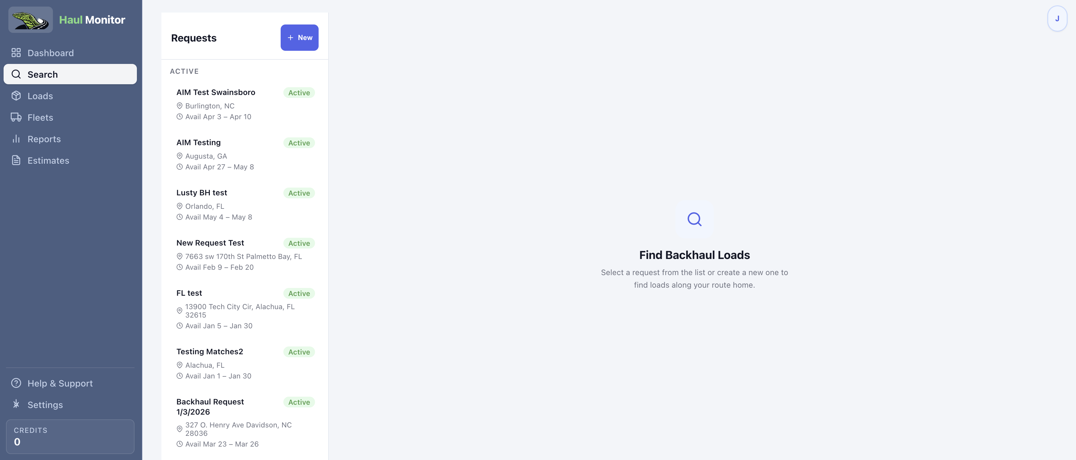 Open Backhaul Requests page showing active request cards