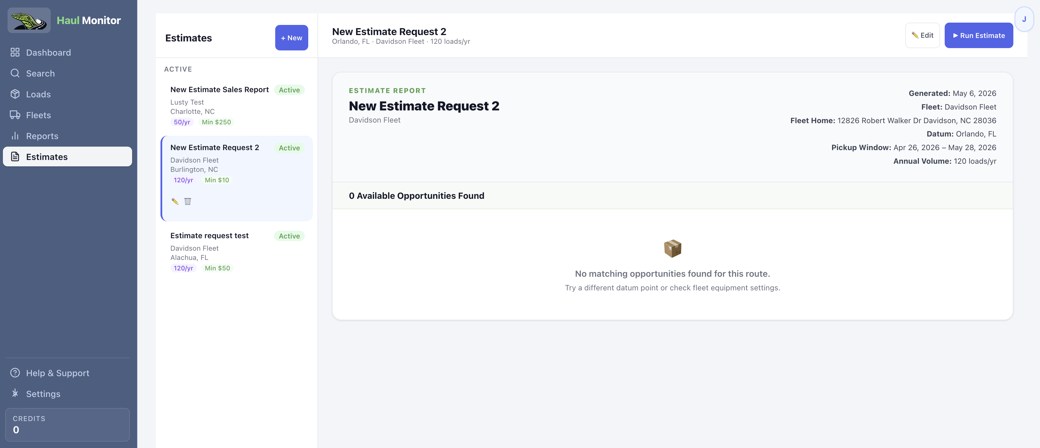 Estimates list showing Active estimate cards with datum point, dates, loads per year, and min net credit